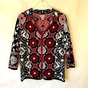 Chico’s Open Front Black Red Floral Print Sweater Size 2